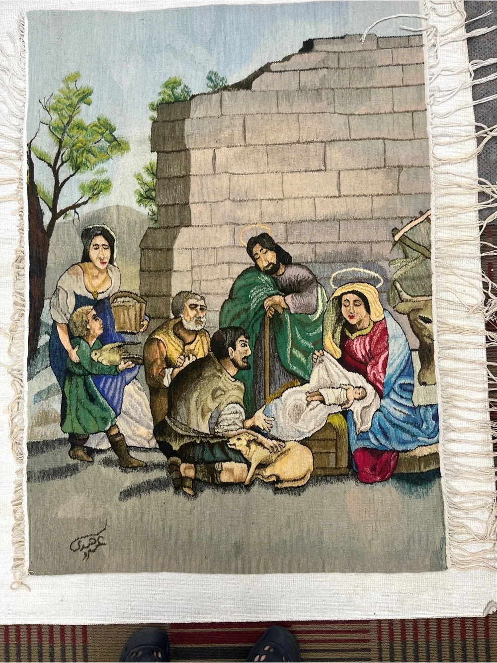 Handwoven Nativity Scene Tapestry Wall Hanging in Multi-Color